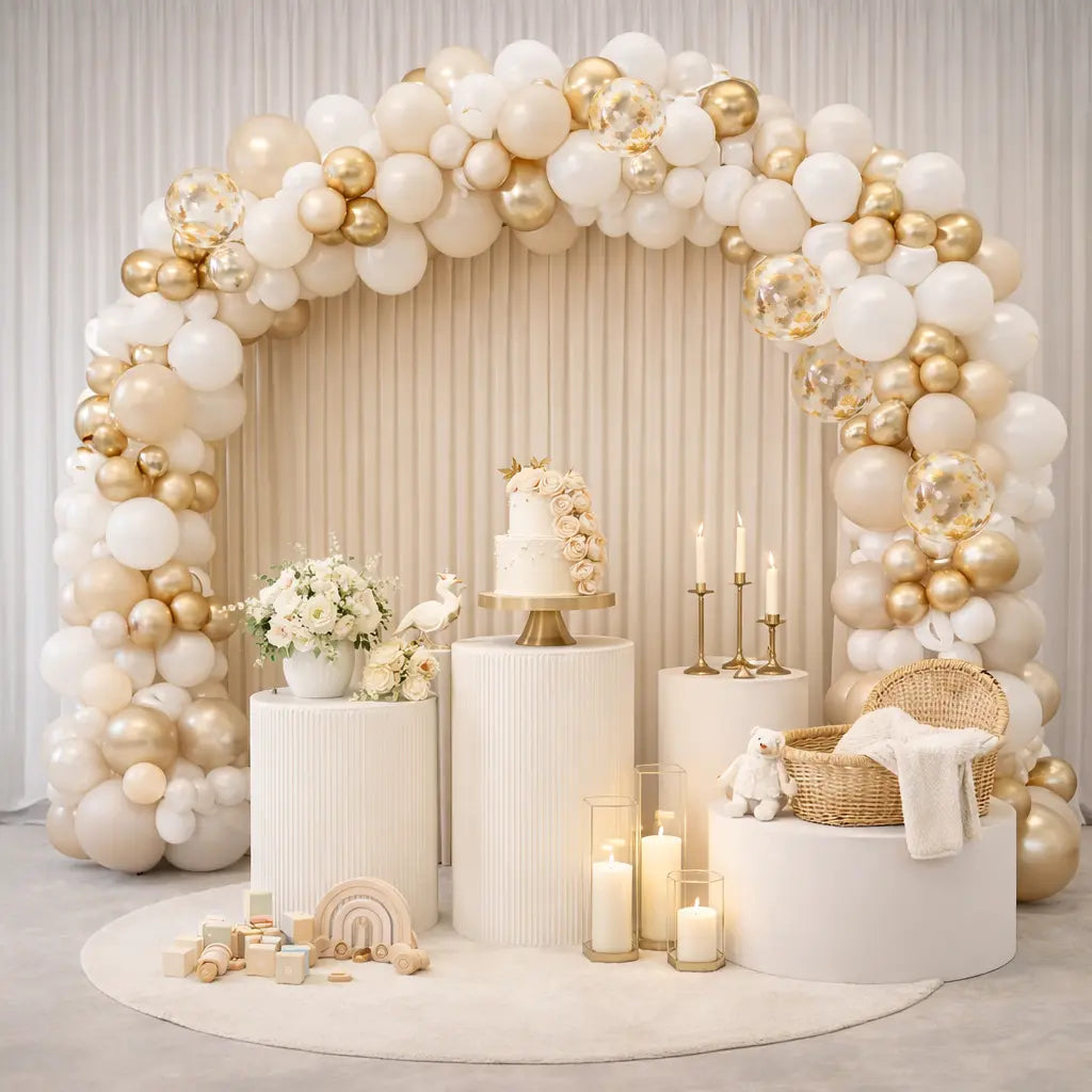 81-teiliges Ballonbogen-Set in Weiss & Gold – Elegante Deko für Taufe & Baby Shower Celestial Art
