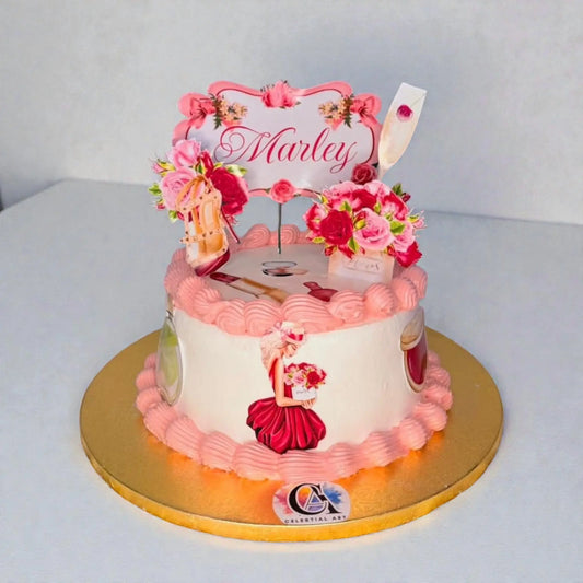 Elegante Geburtstagstorte in Rosé – Blumen- & Champagner-Design Celestial Art