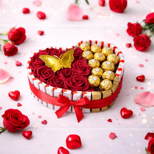 Herz-Geschenkbox „Golden Love“ (27 cm) – Schokoladenherz mit Rosen & Ferrero Rocher Celestial Art
